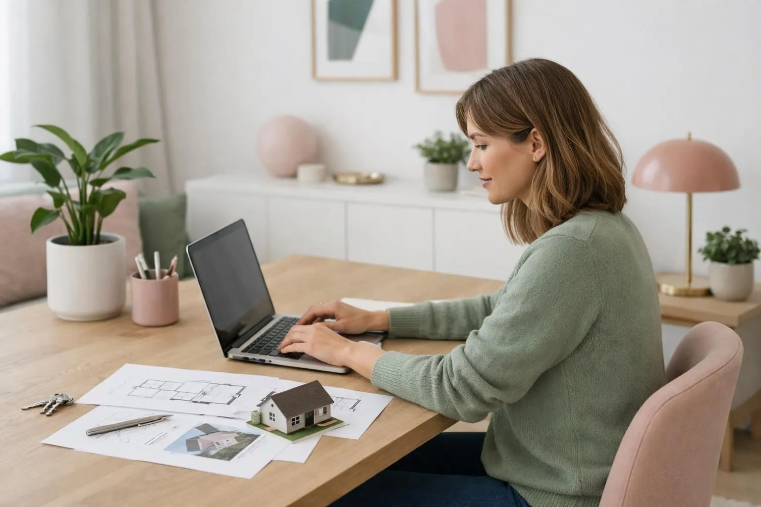 Une femme travaillant sur un ordinateur portable sur un bureau avec des plans de maison.
