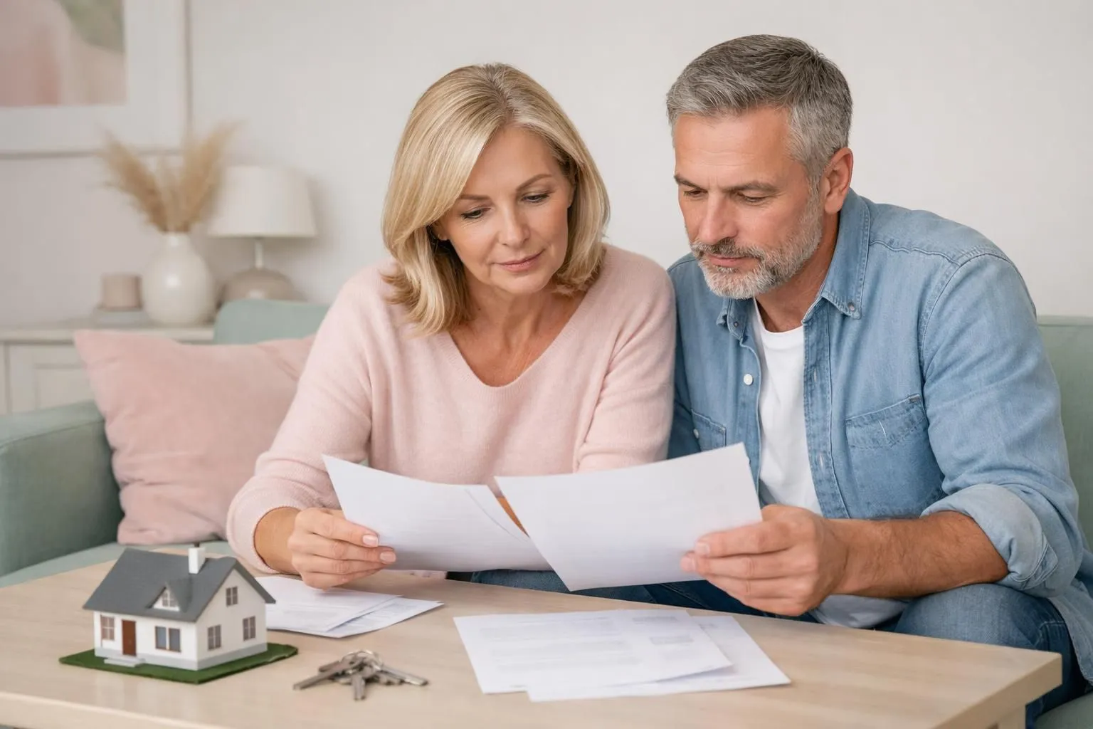 Un couple mature examinant des documents et une maquette de maison miniature.