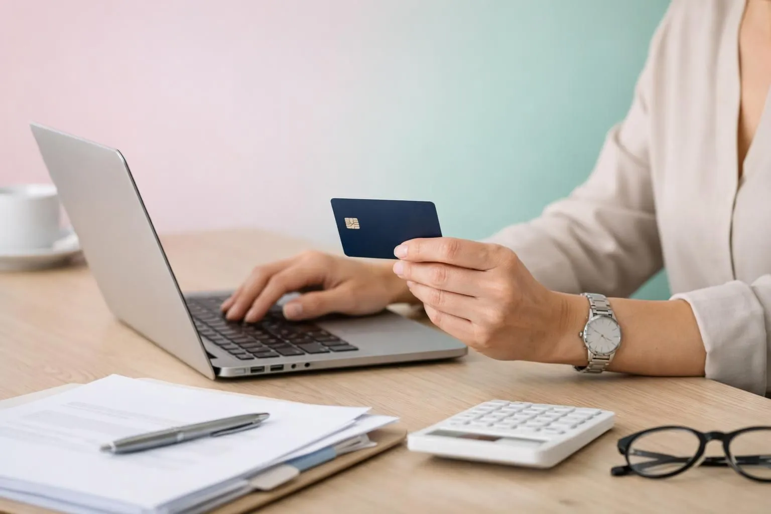 Une personne utilisant un ordinateur portable et une carte de crédit sur un bureau avec une calculatrice et des documents.