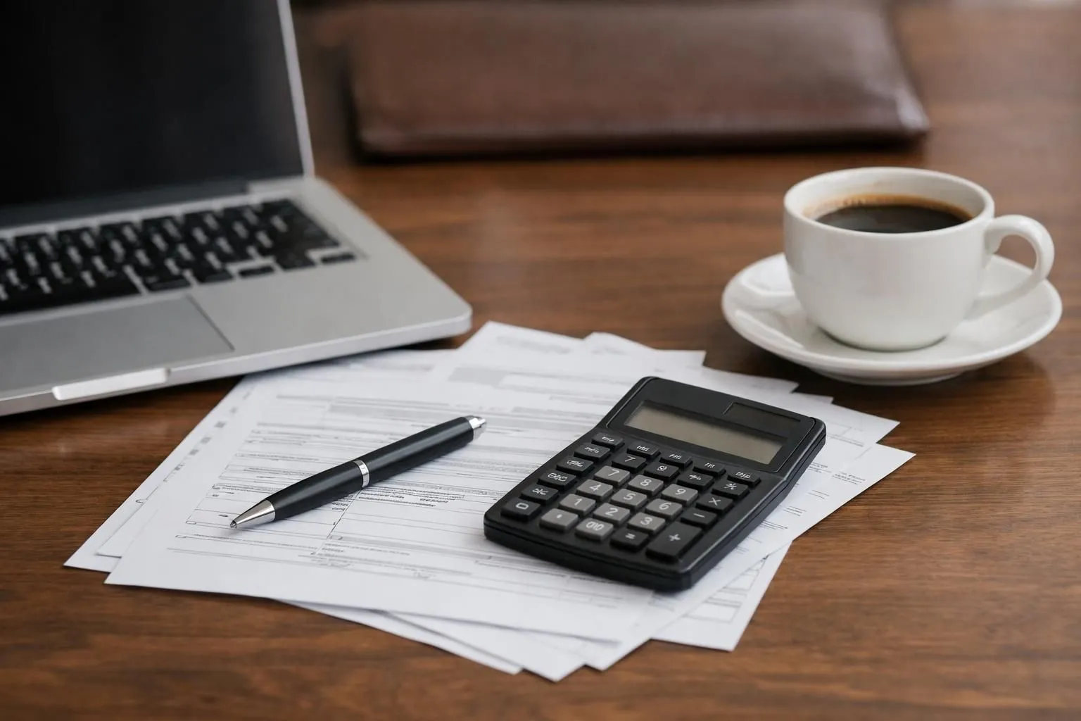 Un ordinateur portable, des documents, une calculatrice, un stylo et une tasse de café sur un bureau en bois.