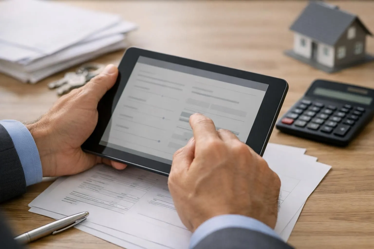 Vue rapprochée de mains tenant une tablette affichant un formulaire de simulation de prêt immobilier, avec des documents administratifs (avis d'imposition, bulletins de salaire) et une calculatrice posés sur un bureau en bois clair dans un intérieur moderne français. Lumière naturelle douce provenant d'une fenêtre latérale, ambiance concentrée et rassurante. Aucun texte visible dans l'image.