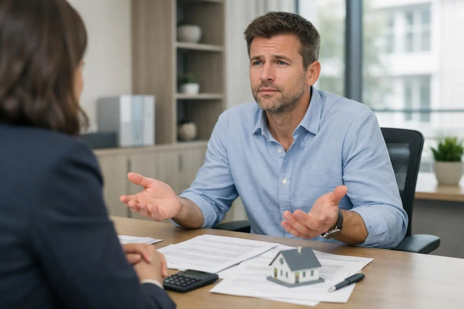 Scène réaliste dans un bureau de banque français moderne, personne entre 30 et 45 ans assise face à un conseiller bancaire, documents de prêt immobilier et simulation financière posés sur le bureau, expression interrogative du client montrant qu'il pose des questions importantes, lumière naturelle traversant de grandes fenêtres, ambiance professionnelle mais légèrement tendue suggérant une négociation, décor sobre avec plantes vertes, palette de couleurs neutres beige et gris, style photographique éditorial pour magazine immobilier, aucun texte visible