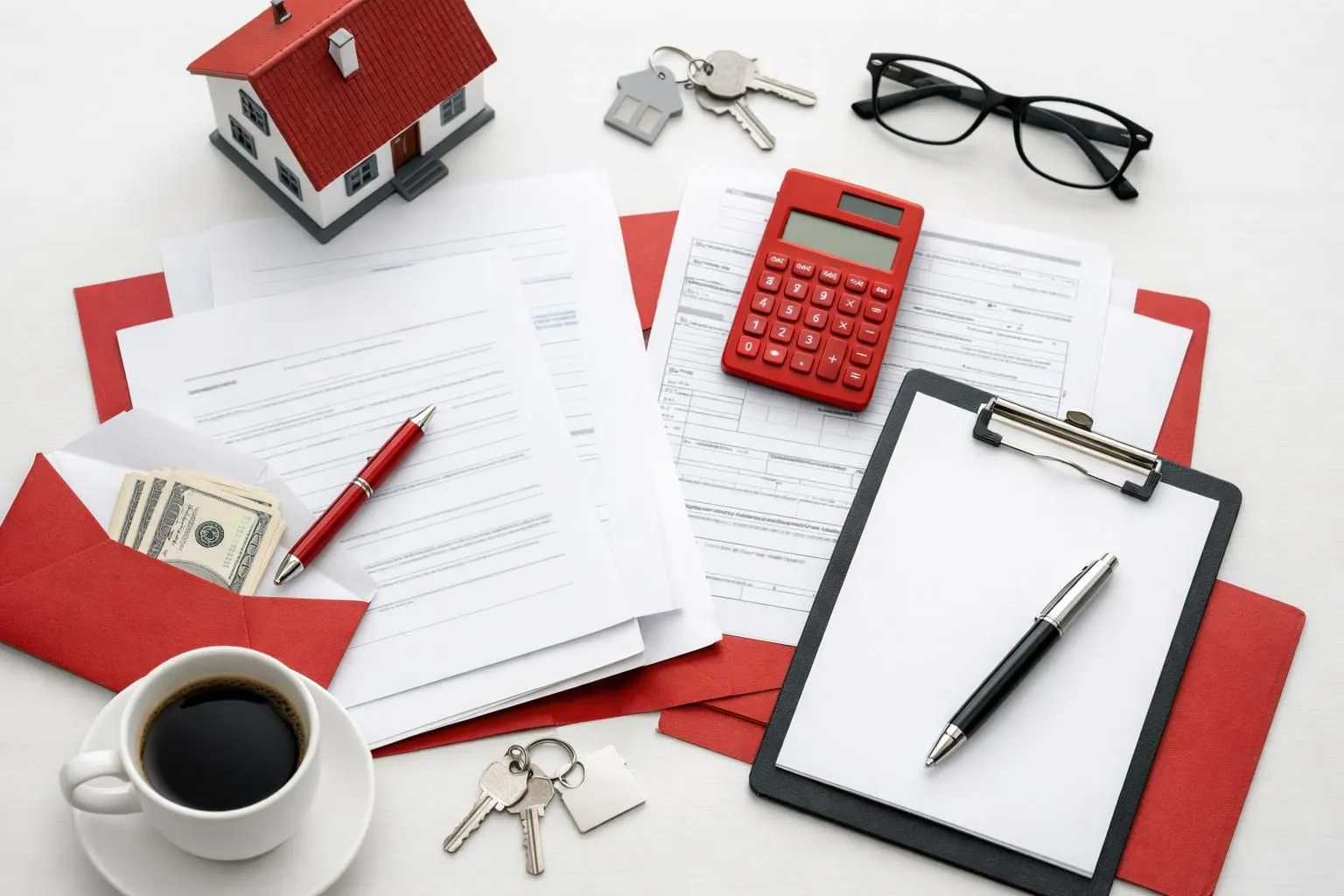 Papiers immobiliers, calculatrice, clés et fournitures de bureau sur un bureau.