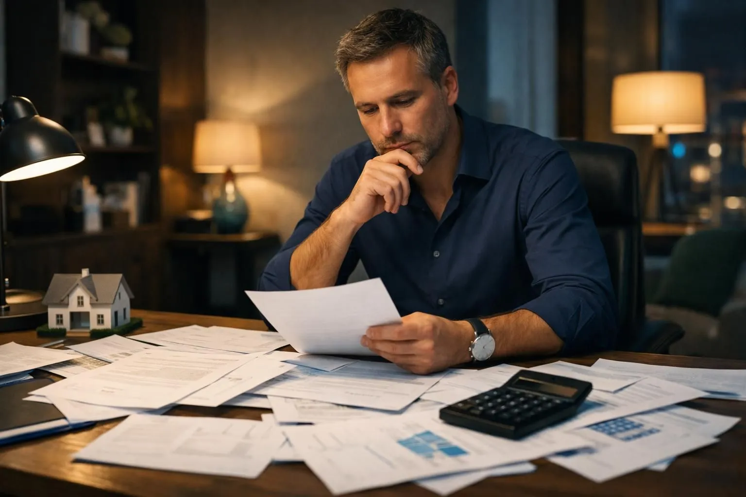 Un homme d'affaires examinant des documents financiers sur un bureau.