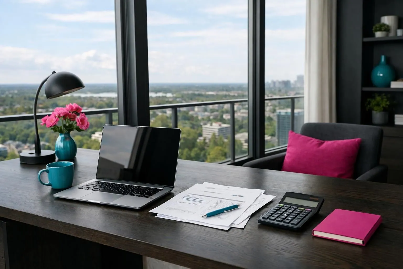 Un ordinateur portable, des documents, une calculatrice et des fleurs sur un bureau avec une vue.