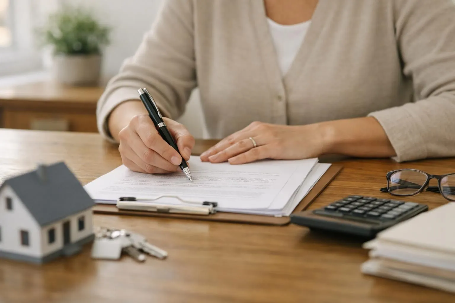 Une personne signe un document sur un bureau avec une calculatrice et une maquette de maison.